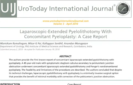 Laparoscopic extended pyelolithotomy with concomitant pyeloplasty.