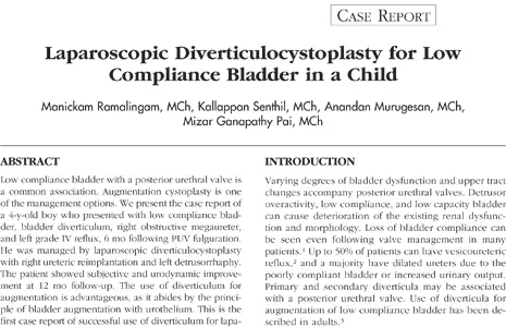 Laparoscopic diverticulocystoplasty for low compliance bladder in a child.