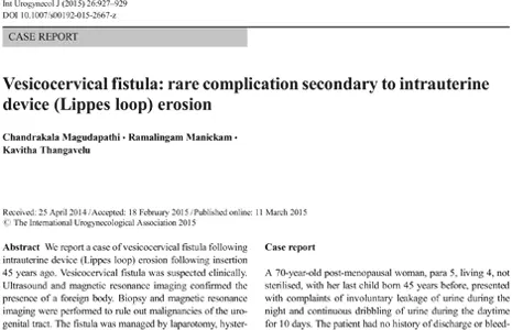 Vesicocervical fistula: rare complication secondary to intrauterine device (Lippes loop) erosion.
